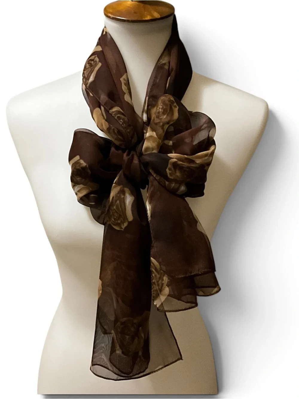 Vintage Sheer Brown Rose Scarf Long Floral Oblong Made in Korea